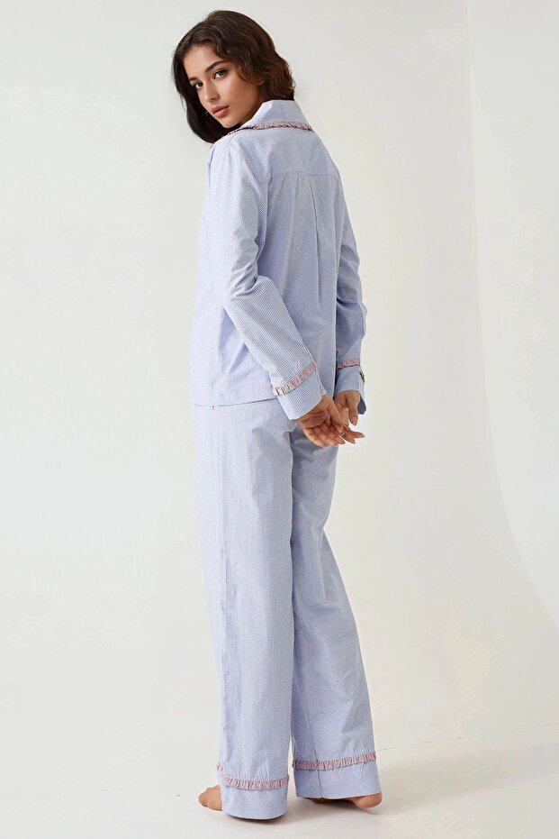 Gömlek Yaka Pamuklu Kareli Pijama Takımı - 5
