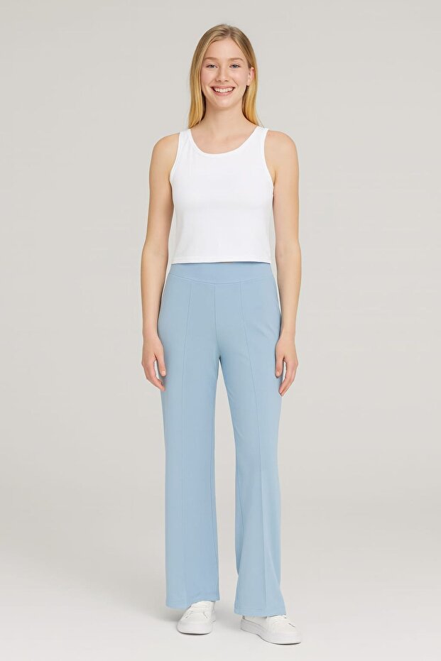 Premium Kumaş Yüksek Bel Pamuklu Esnek Önü Çımalı Geniş Paça Kadın Pantolon - Bebe Mavi - 2