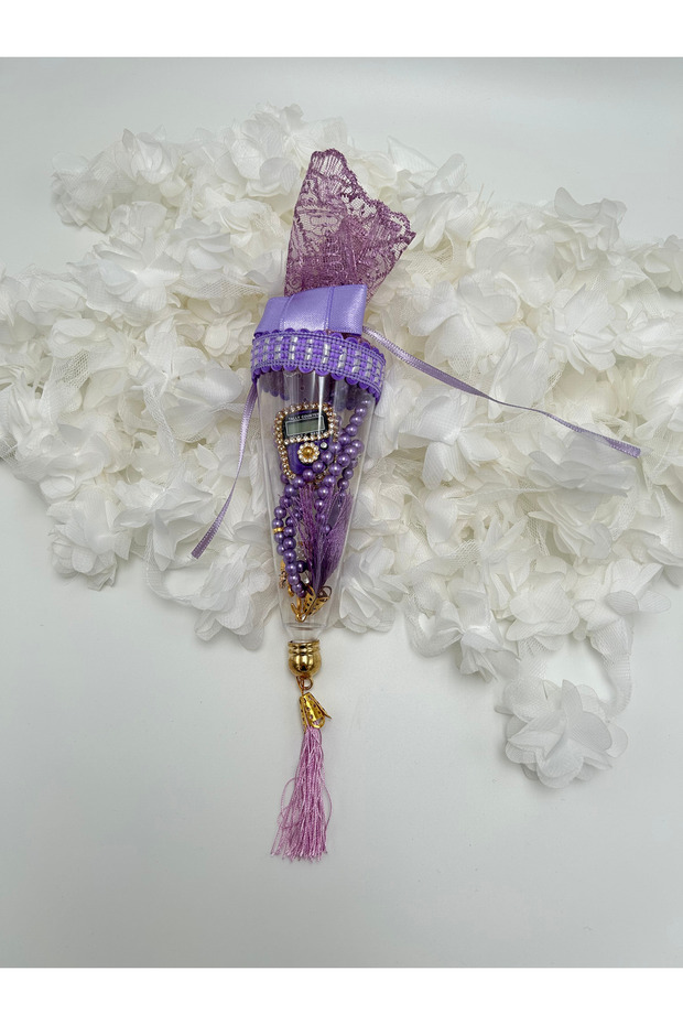 10 Pieces Purple Gift Lace Cone, Prayer Beads and Stone Dhikr Mat Set (Mevlid - Hajj - Umrah)