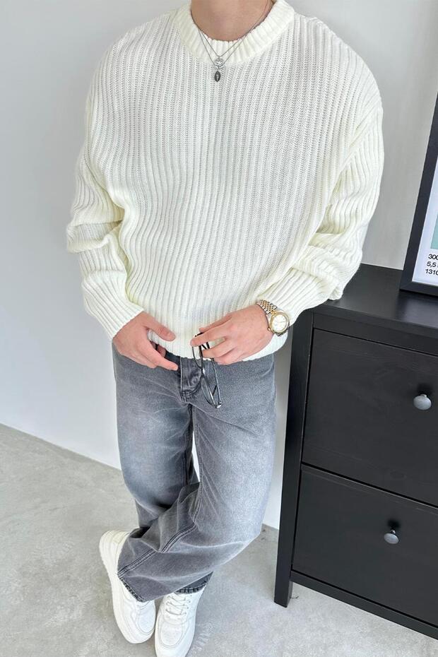 Ekru Bisiklet Yaka Fitilli Oversize Triko Kazak - 1