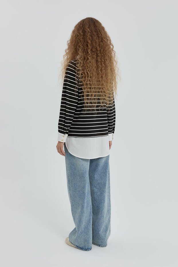 Çizgili Gömlek Yaka Örme Çelik Sweat Siyah - 6