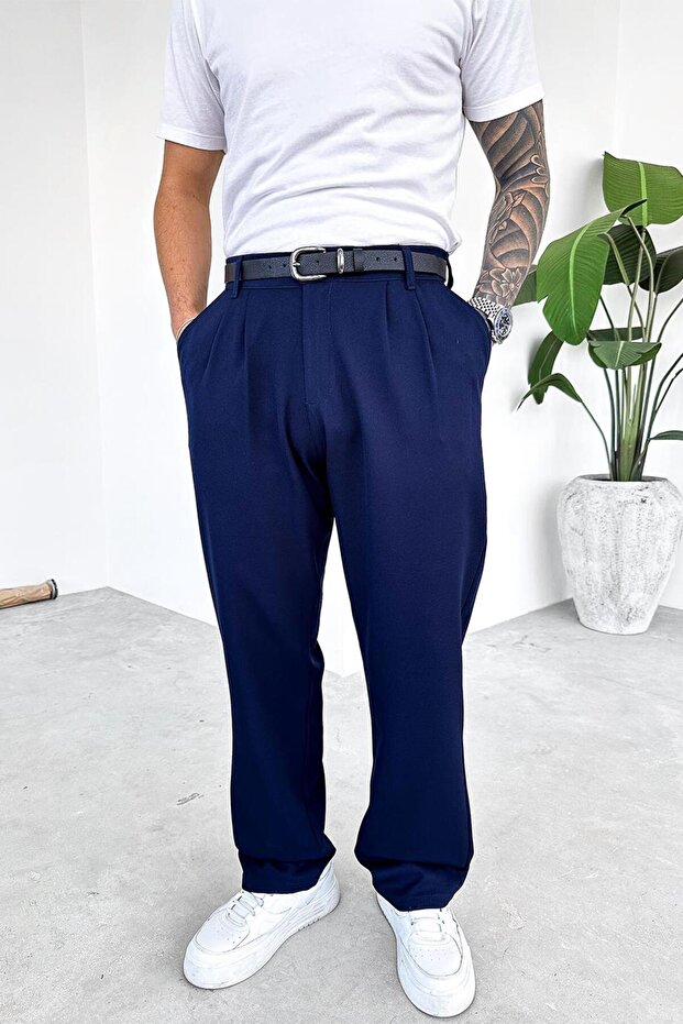 بنطلون قماش أساسي باللون الأزرق الداكن - 1