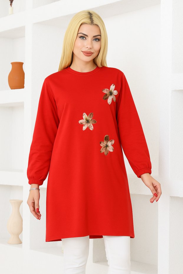 Women's Red Oversize Floral Print Tunic T-Shirt – Long Sleeve, Round Neck, Relaxed Fit