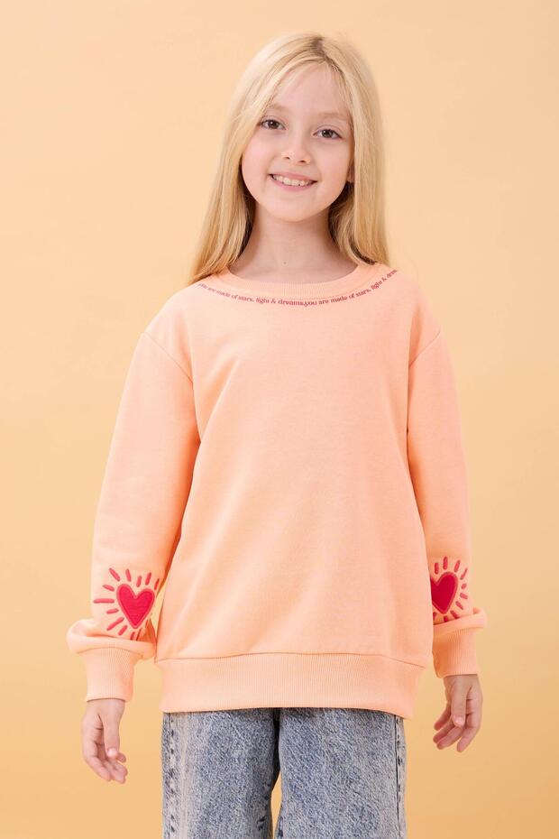 Girl's Printed Crew Neck Seasonal Sweatshirt Salmon