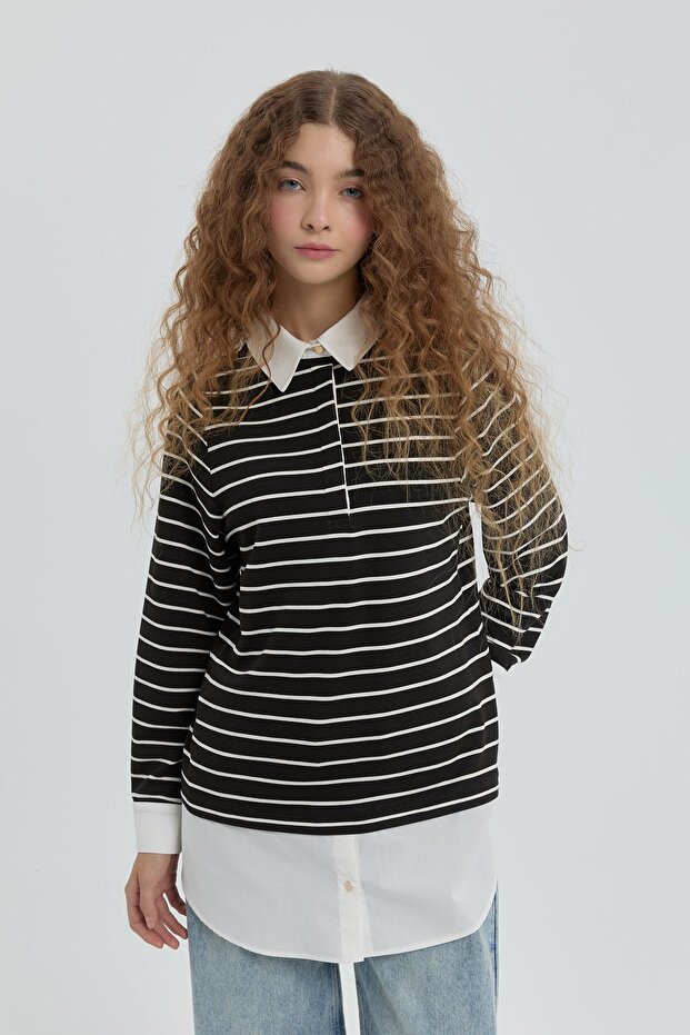 Çizgili Gömlek Yaka Örme Çelik Sweat Siyah - 4