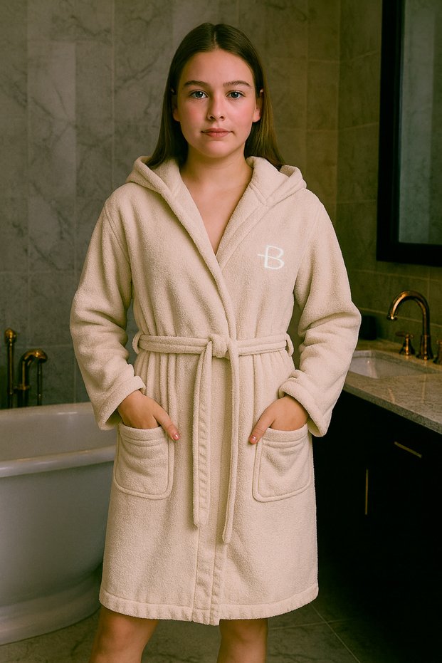 Hooded Pocketed Natural Cotton Slim Fit Waiter Size Unisex Bathrobe for Girls and Boys