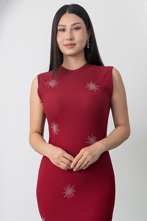 Bisiklet Yaka Taşlı Kolsuz Elbise ESP056 - 2