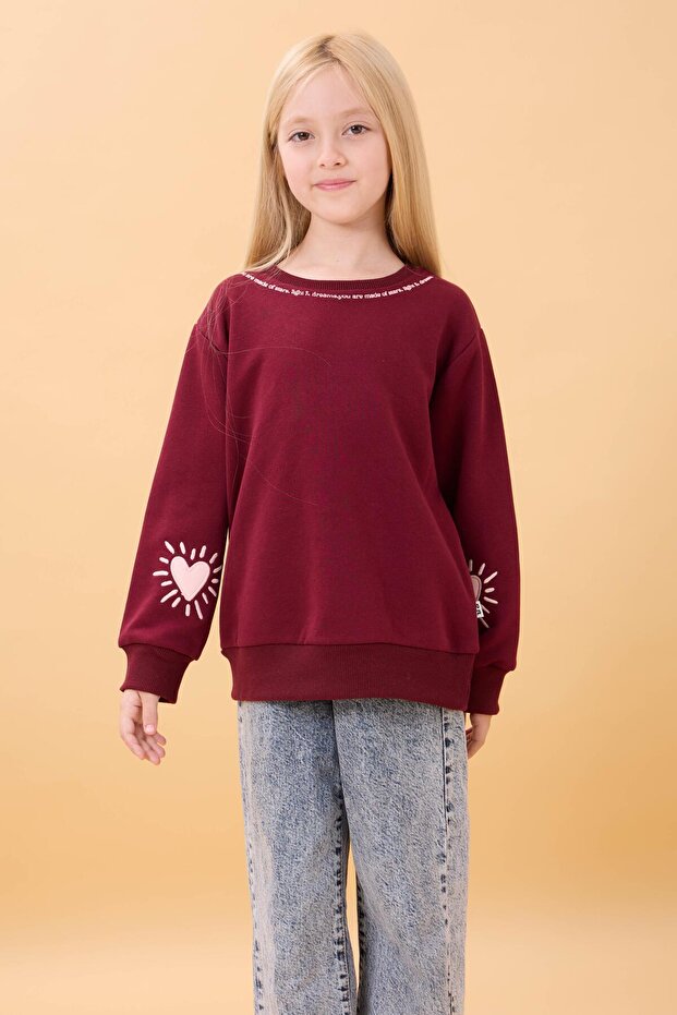Perendi Kız Çocuk Baskılı Bisiklet Yaka Mevsimlik Sweatshirt Bordo