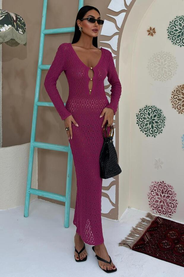 Göğüs Aksesuar ve Pencereli Triko Elbise 2852 R1-C-K2 - 1