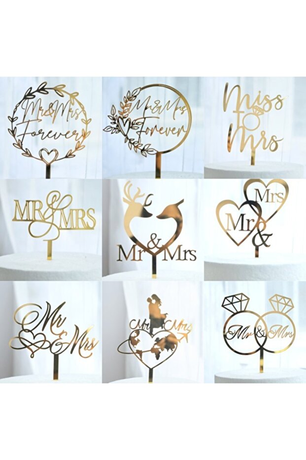 Cake Topper, Mr & Mrs Rings Model, Wedding Theme, 10 cm, Gold - 4