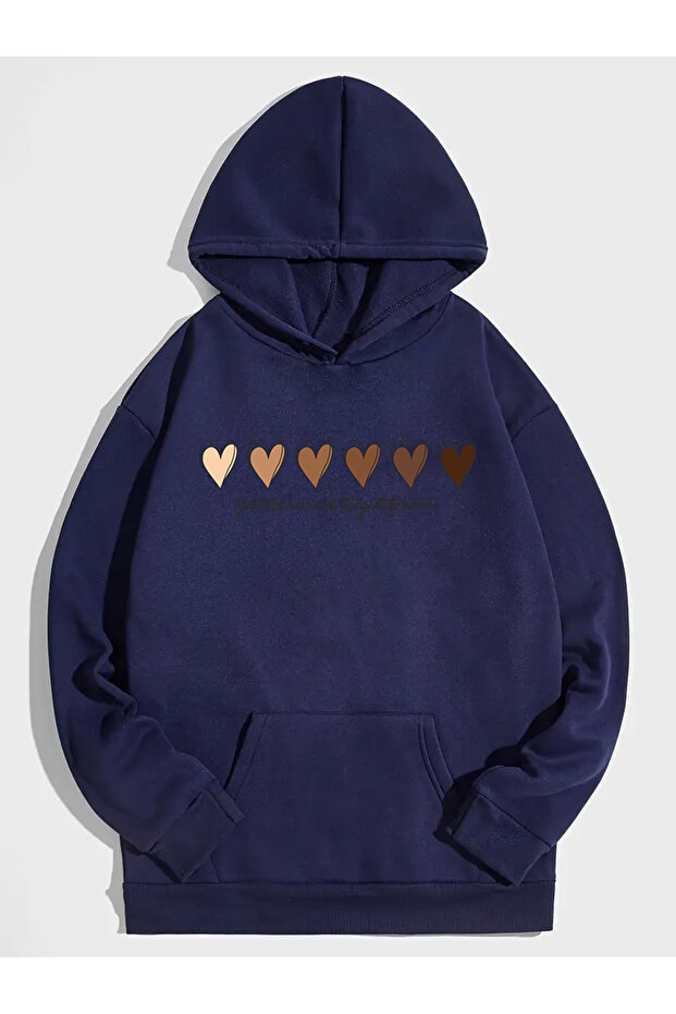 Unisex Navy Blue Sırakalp Printed Hooded Sweatshirt