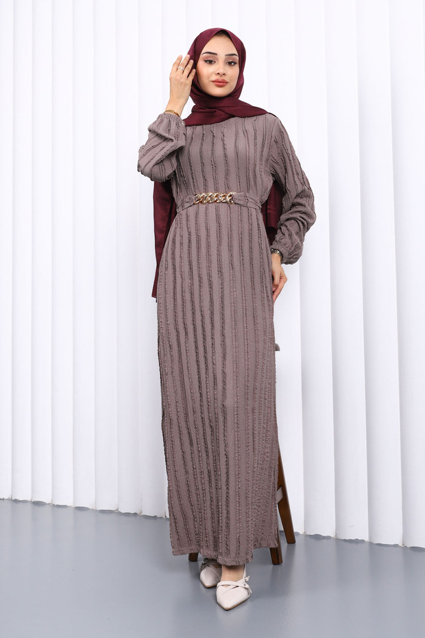 Gray Belted Ribbed Dress with Ruffle Details