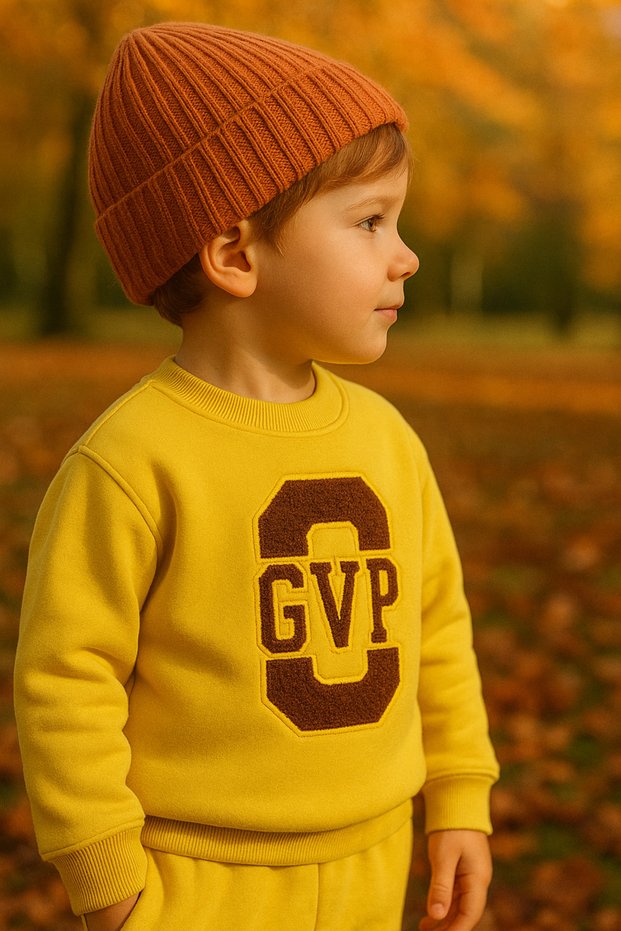 Yellow Children's Oversize 3-Thread Thick Fleece Lined Hooded Top and Bottom Baby Kids Tracksuit Set