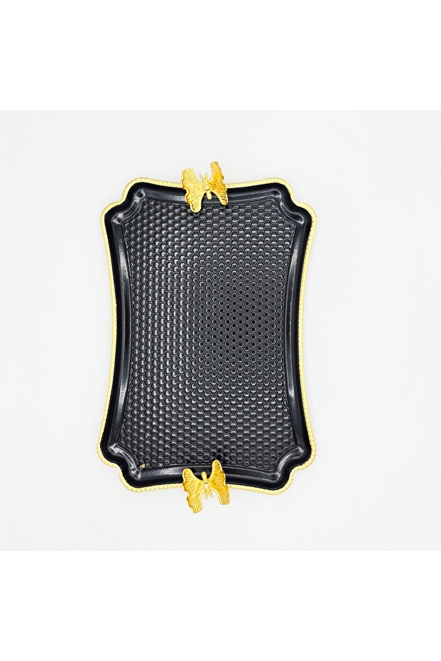 Black Metal Engraved Rectangular Butterfly Presentation Tray - 1