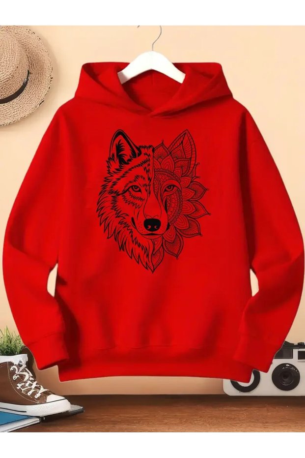 Wolf Pattern Hooded Sweatshirt