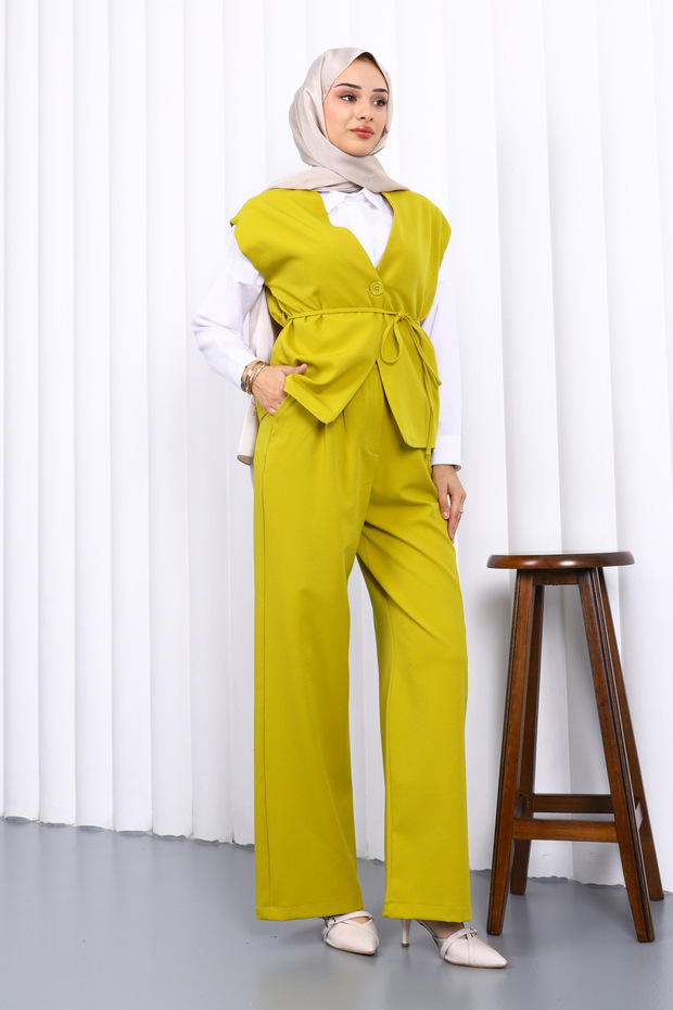 Oil Green Vest Pants Two-Piece Set