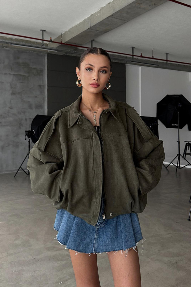 Oversized Women's Bomber Khaki Suede Leather Jacket
