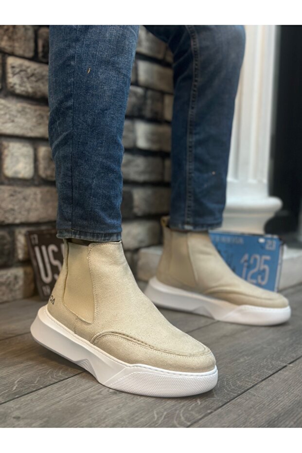 BA0150 Bağcıksız Erkek Krem Süet Yüksek Taban Spor Bot - 1