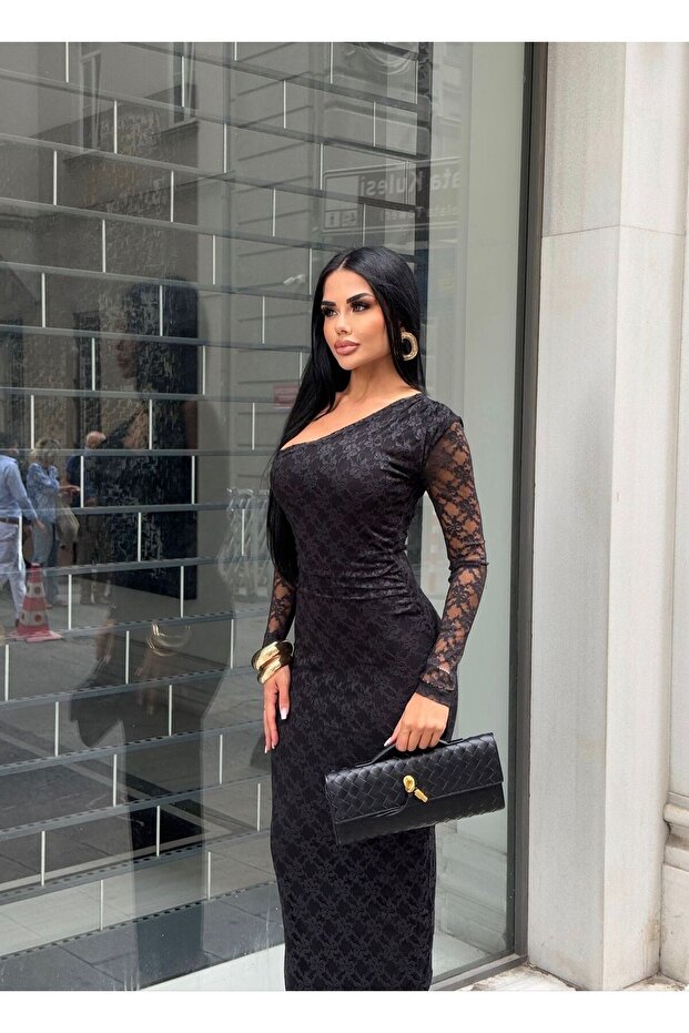 Dantel Desenli Tek Kol Çıkarılabilir Maxi Boy Likralı Tek Omuz Straplez Elbise - 1