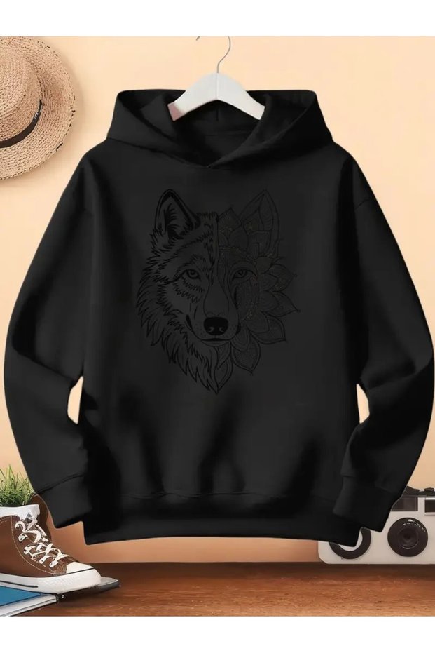 Wolf Pattern Hooded Sweatshirt