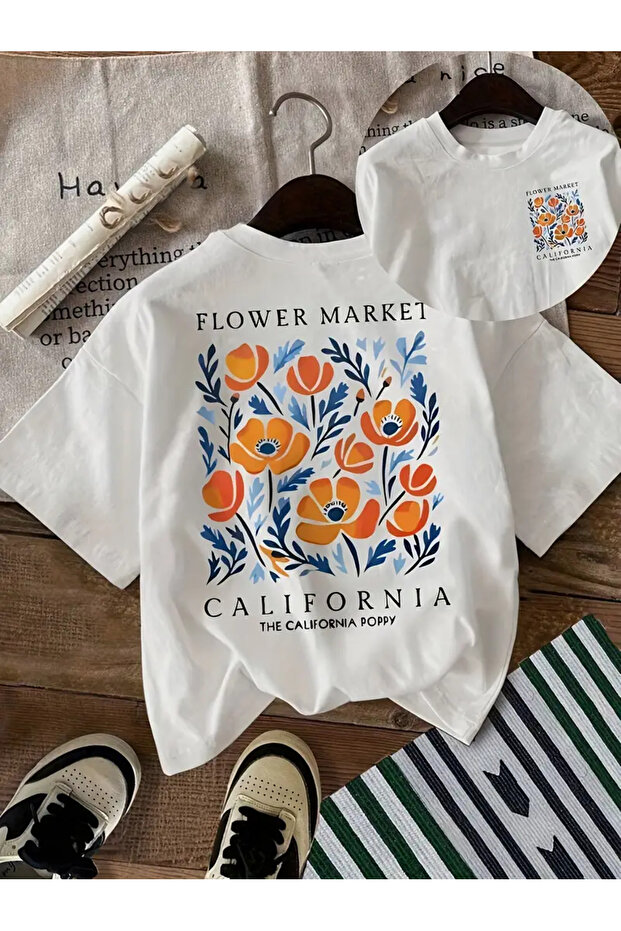 Unisex Flower Market Printed Oversize Crew Neck T-Shirt