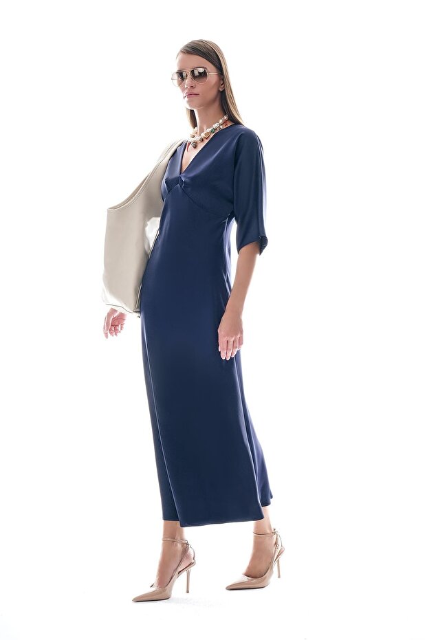 Saten Drapeli Midi Şık Elbise - 4