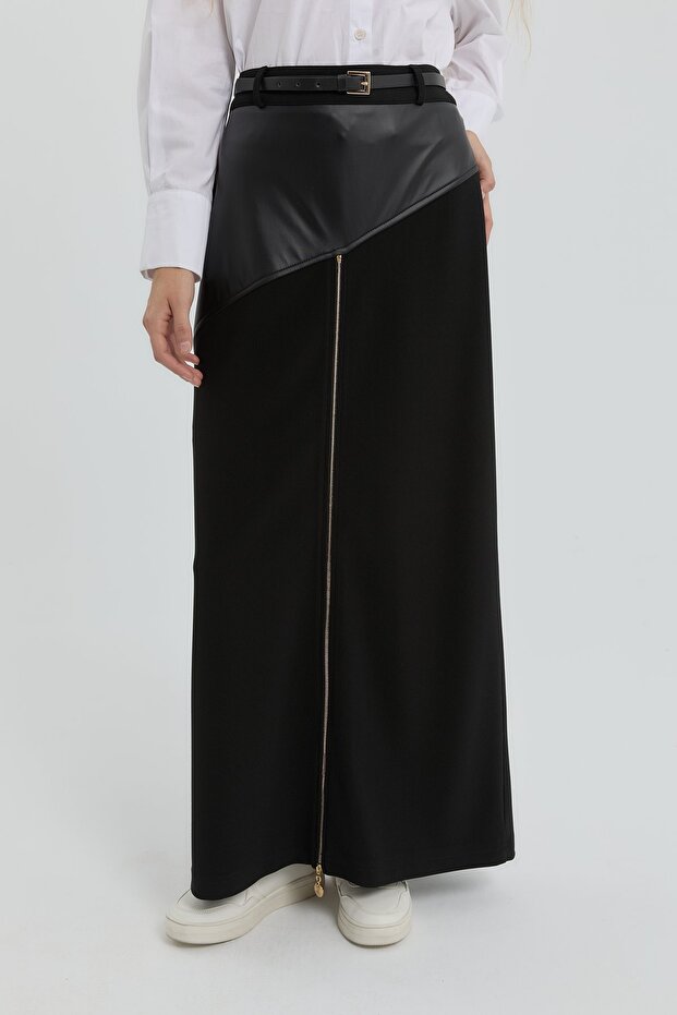 Deri Garnili Örme Fermuarlı Etek Siyah - 2