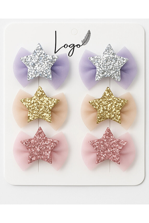 Girl's Glitter Star Bow Design 6-Piece Ribbon Bow Clip Buckle Set