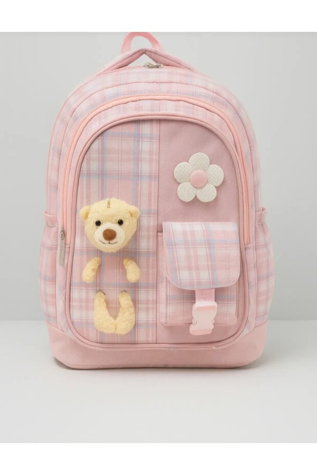 حقيبة مدرسية ابتدائية مع دمية دب + علبة غداء + مقلمة - 3