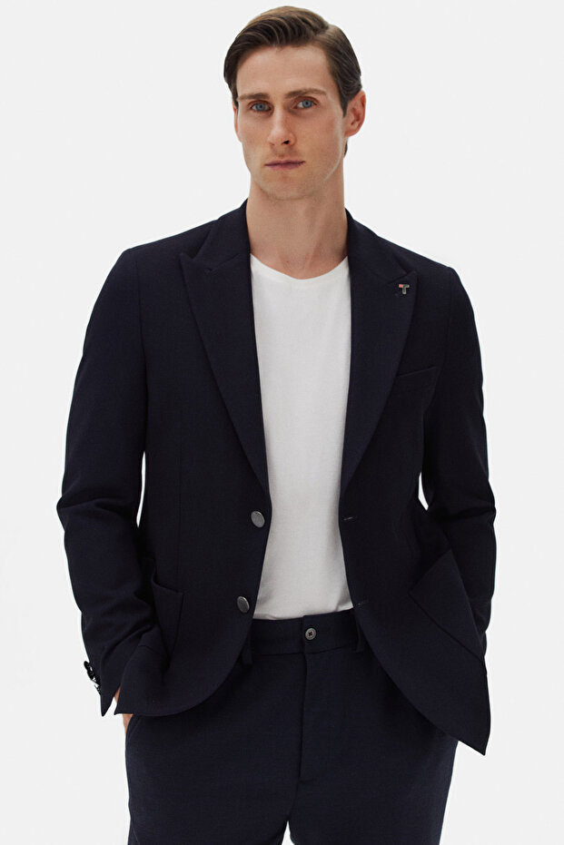 Slim Fit Lacivert Diyogonal Kumaş Ceket - 2