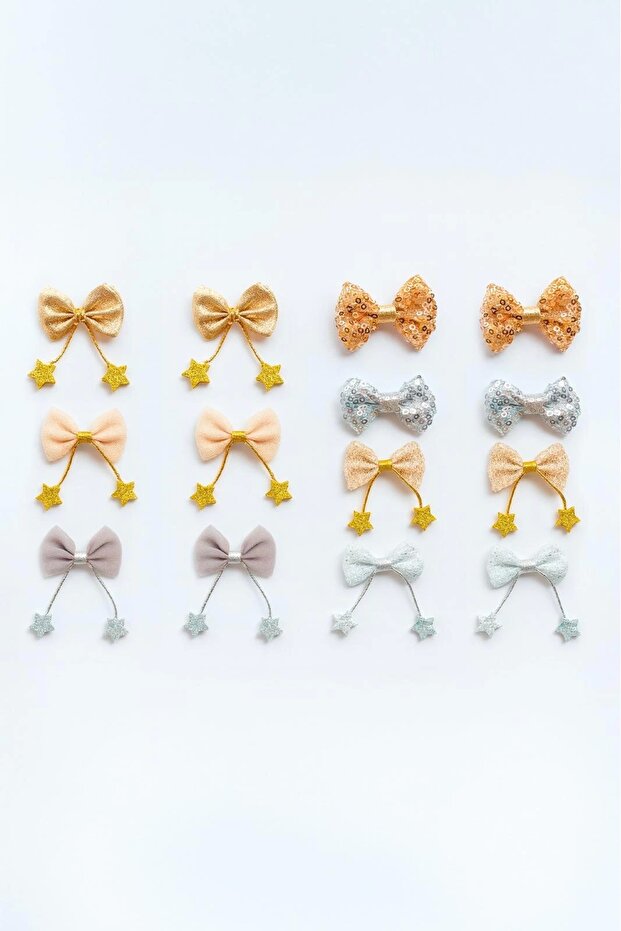 Girl's Star Figured Gold Silver Bow Set of 14 Clamp Buckle