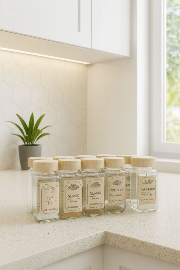 Square Glass Spice Jar Set with Wooden Lid, 12 Pieces, 140 Cc, 12 Pieces with Labels