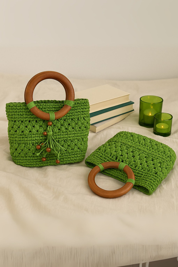 Tığ İşi El Yapımı Örgü Çanta, Ahşap Saplı Yeşil Boho Çanta Boncuklu - 3