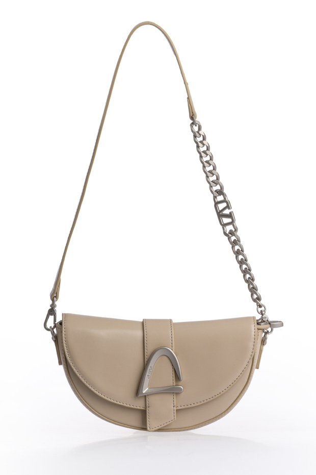 Asymmetrical Design, Chain and Logo Detailed Stylish Women's Shoulder Bag 930373 Beige