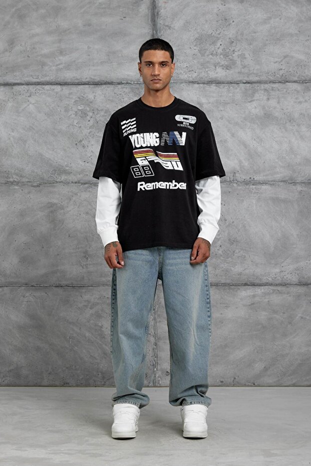 Erkek Siyah Remember Baskılı Oversıze Kolu Parçalı Sweatshırt - 2