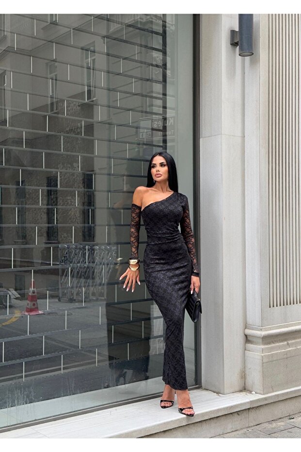 Dantel Desenli Tek Kol Çıkarılabilir Maxi Boy Likralı Tek Omuz Straplez Elbise - 4