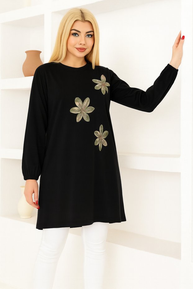 Women's Black Oversize Floral Print Tunic T-Shirt – Long Sleeve, Round Neck, Relaxed Fit