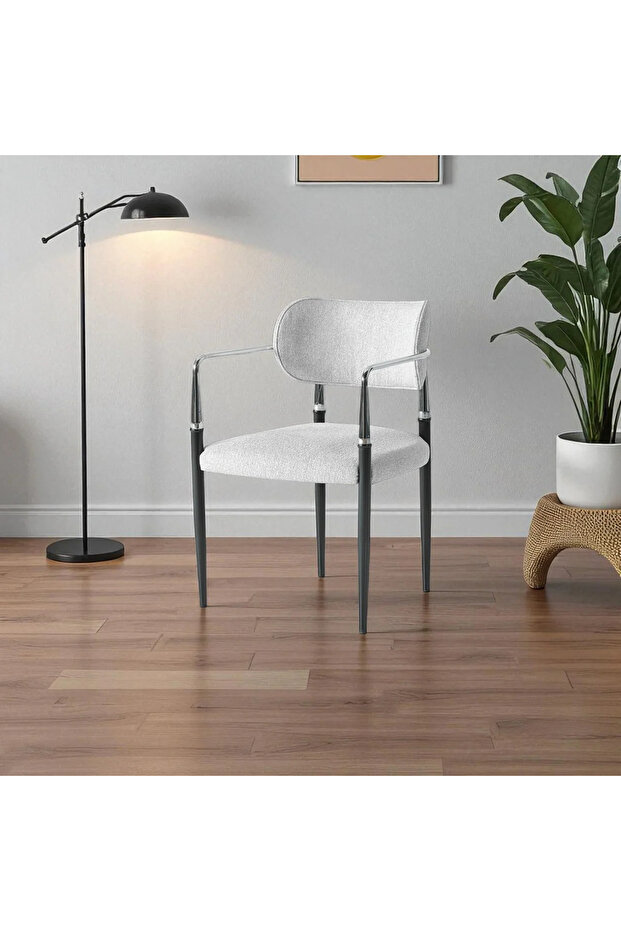 Umay S81 Kollu Sandalye – 2 Adet Sandalye Set, Gri Kumaş, Krom-Siyah Ayak - 2