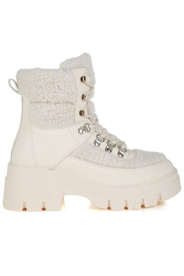 Women Faux Fur Detail Chunky Hiker Boots in Beige