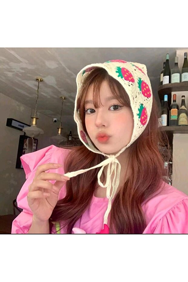 Bohemian Knitted Strawberry Figured White Color Cotton Bandana Scarf