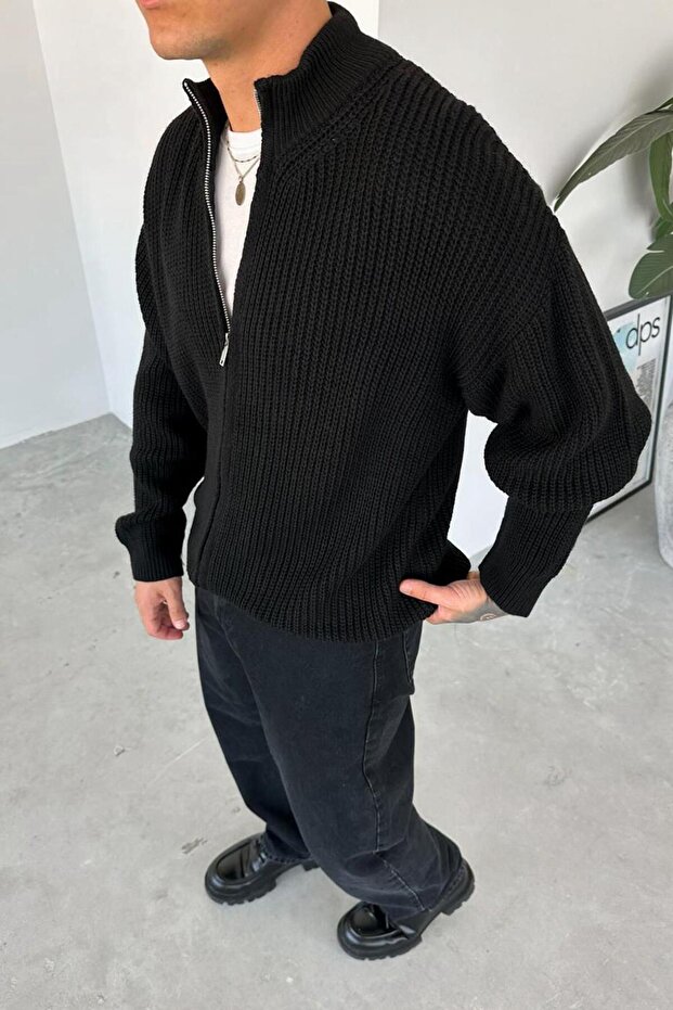 سترة تريكو أساسية بسحاب كامل أسود - 2