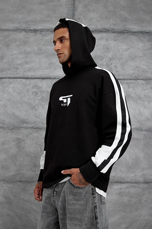 Erkek Siyah Advance Baskılı Kapüşonlu Oversıze Sweatshırt - 1