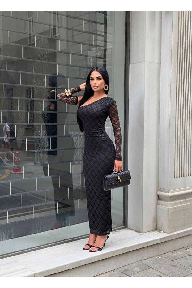 Dantel Desenli Tek Kol Çıkarılabilir Maxi Boy Likralı Tek Omuz Straplez Elbise - 5