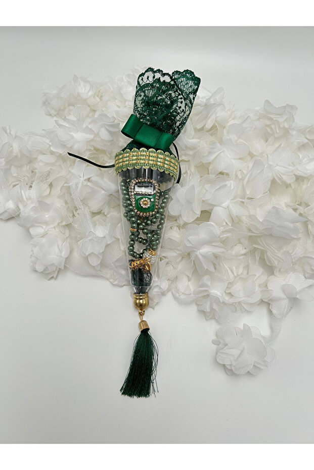 10 Pieces of Emerald Green Gift Lace-Covered Cones, Prayer Beads and Dhikr Mat Set (Mevlid - Hajj - Umrah)