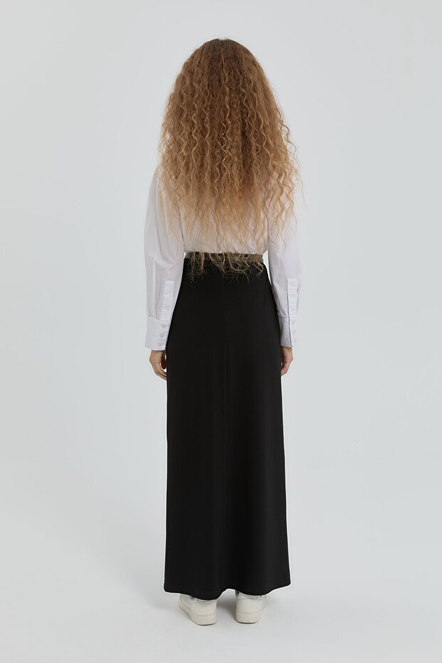 Deri Garnili Örme Fermuarlı Etek Siyah - 4