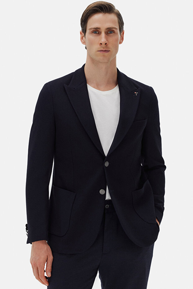 Slim Fit Lacivert Diyogonal Kumaş Ceket - 1