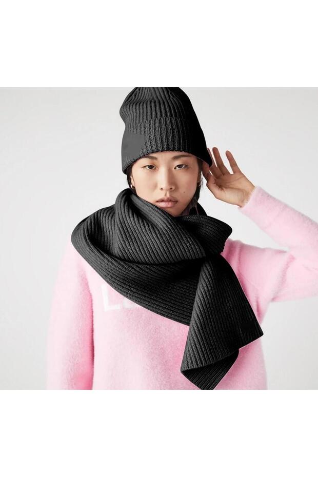 Black Color Women's Wool 2-Piece Set Winter Scarf Beanie Set