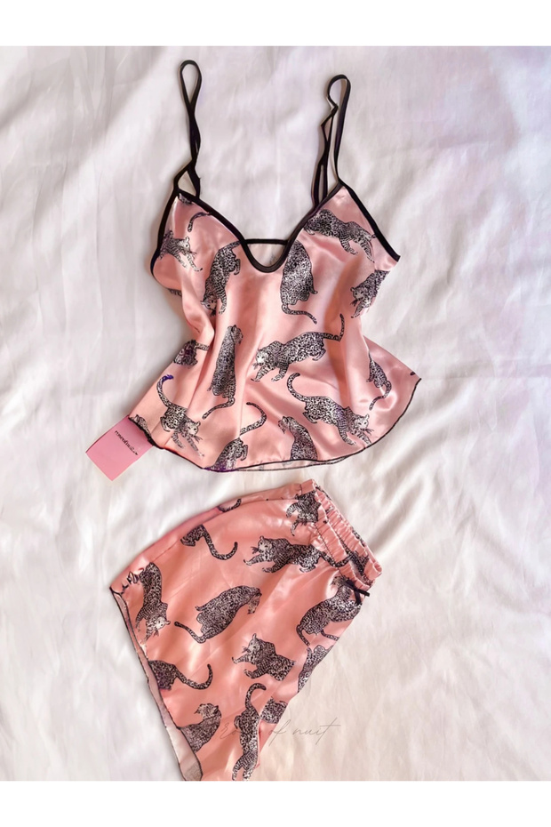 Leopard Patterned Powder Satin Nightgown Set - 2