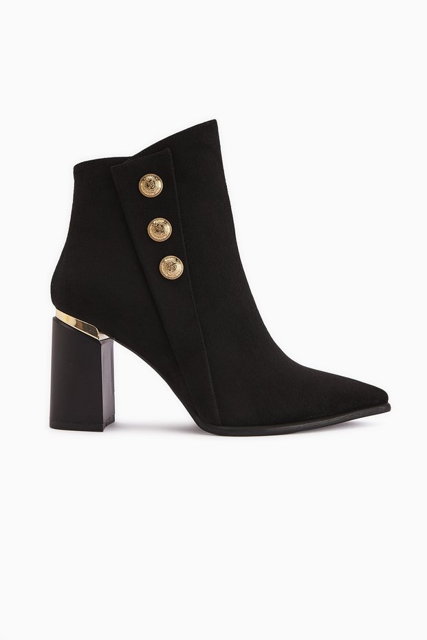Mayvi Black Suede Buckle Detailed Heeled Women's Boots