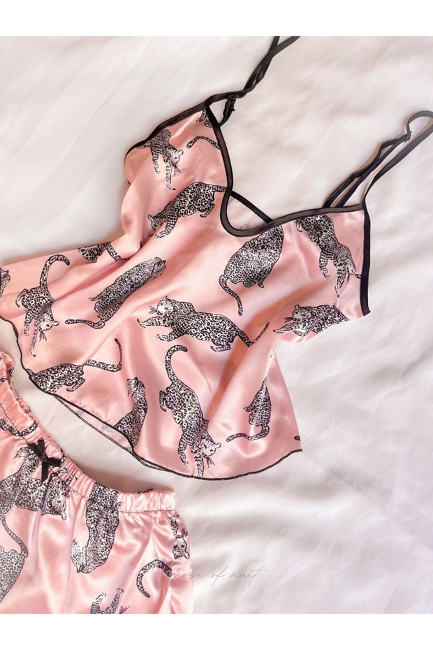 Leopard Patterned Powder Satin Nightgown Set - 4